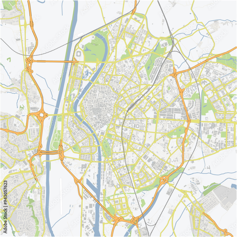 Road map of Sevilla in Spain. Contains layered vector with roads water, parks, etc. Road map of Sevilla in Spain. Contains layered vector with roads water, parks, etc.