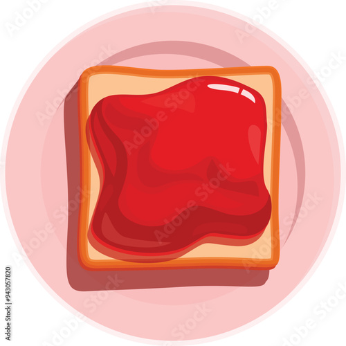 Toasted bread slice covered with sweet strawberry jam lying on pink plate