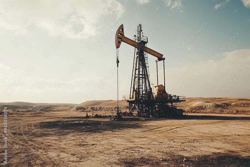 A drilling rig on an oil field, surrounded by barren land and sparse vegetation. The rig is in the midst of a remote location A drilling rig on an oil field, surrounded by barren land and sparse vegetation. The rig is in the midst of a remote location