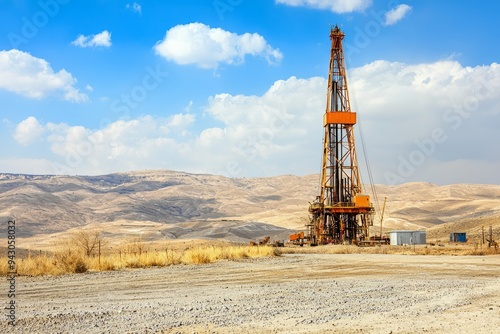 A drilling rig on an oil field, surrounded by barren land and sparse vegetation. The rig is in the midst of a remote location