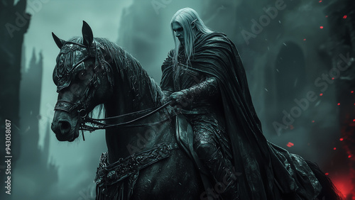 drow warrior in dark armor with a solemn expression riding a black horse through a ruined city engulfed in red embers
