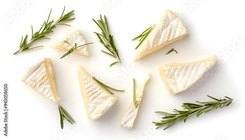 Pieces of tasty camembert cheese and rosemary isolated on white, top view