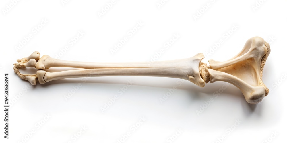 A singular human leg bone, isolated on a pristine white background, its curves and crevices a testament to the human body's intricate architecture. A singular human leg bone, isolated on a pristine white background, its curves and crevices a testament to the human body's intricate architecture.