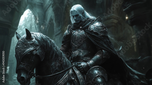 drow warrior in intricate armor riding through an ancient cathedral bathed in dim light