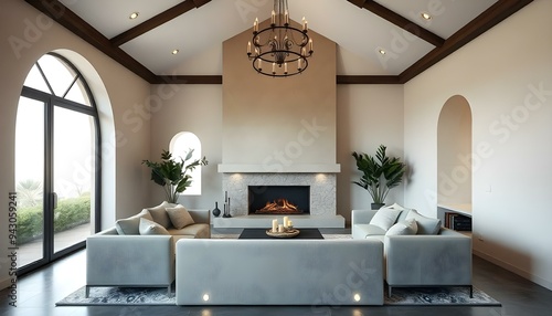 Sofa against fireplace in room with arch window and ceiling. Mediterranean interior design of modern living room.