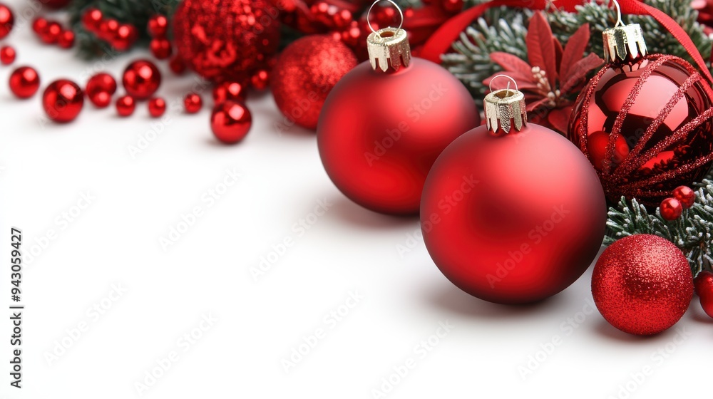 Festive Christmas decorations with red baubles greenery on white background Festive Christmas decorations with red baubles greenery on white background