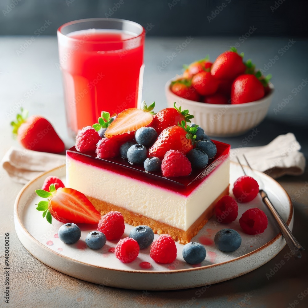 A slice of cheesecake with strawberries, blueberries and raspberries on top of a white plate. A glass of red juice is next to the plate
A slice of cheesecake with strawberries, blueberries and raspberries on top of a white plate. A glass of red juice is next to the plate