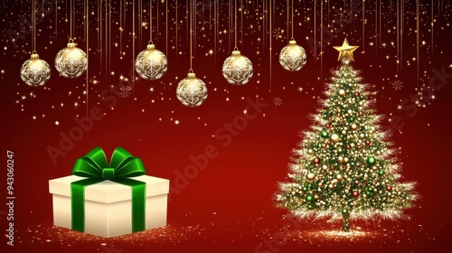 Festive Christmas tree with golden baubles gift on red background