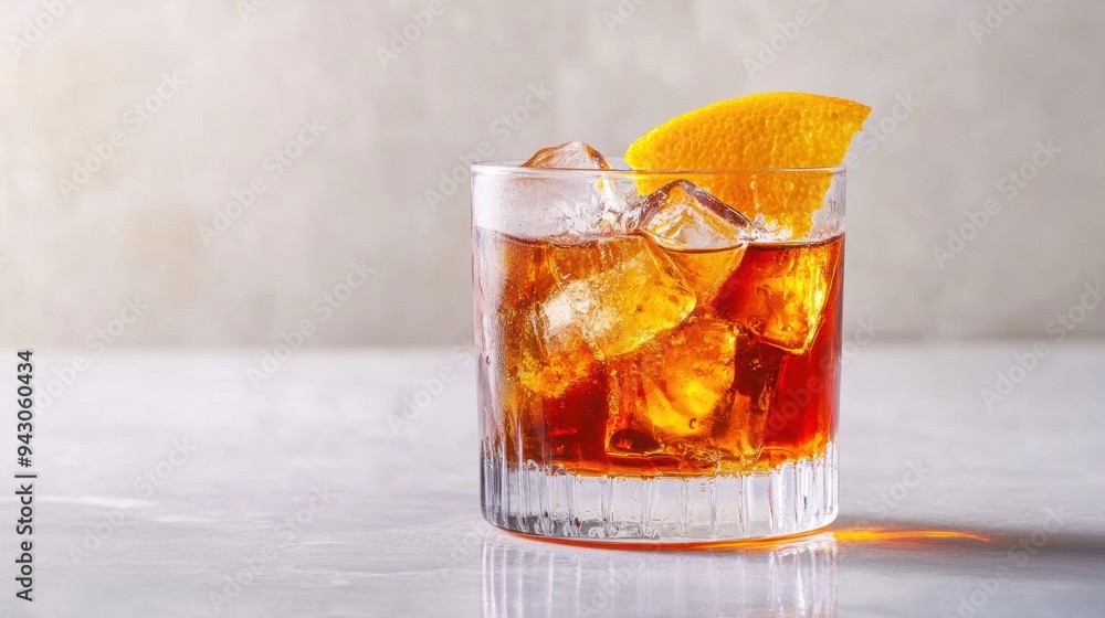 Chilled amber cocktail with ice orange garnish on modern countertop Chilled amber cocktail with ice orange garnish on modern countertop