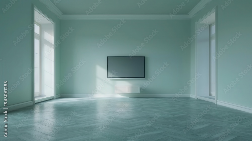 A large empty room with a white wall and a black flat screen television. The room is very clean and empty, with no furniture or decorations