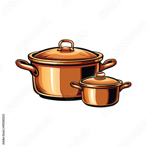 Vector illustration of two copper pots with lids, one large and one small, isolated on white background.