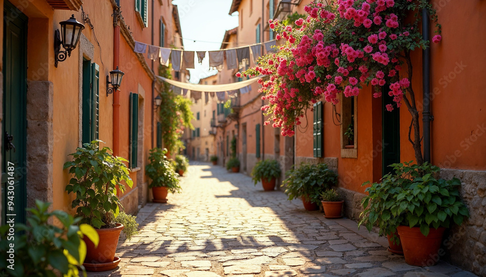 Fototapeta premium Charming Italian alleyway with hanging laundry, vibrant plants, warm sunlight, and cobblestone path, space for text.