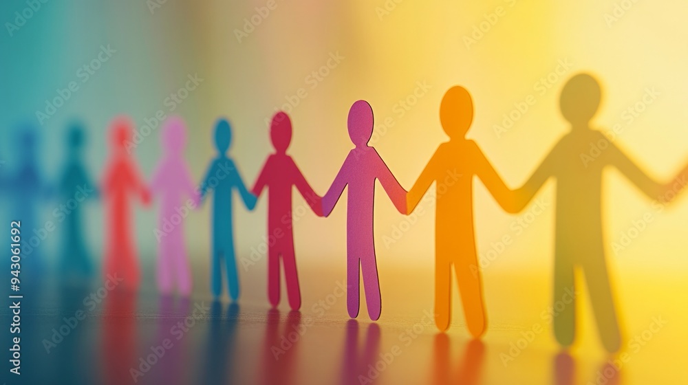 Vibrant paper cut-out human figures holding hands in a line, symbolizing unity, diversity, and teamwork Vibrant paper cut-out human figures holding hands in a line, symbolizing unity, diversity, and teamwork