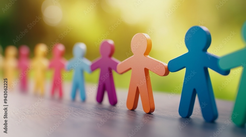 Colorful cut-out human figures holding hands in a line, symbolizing unity, diversity, and teamwork Colorful cut-out human figures holding hands in a line, symbolizing unity, diversity, and teamwork