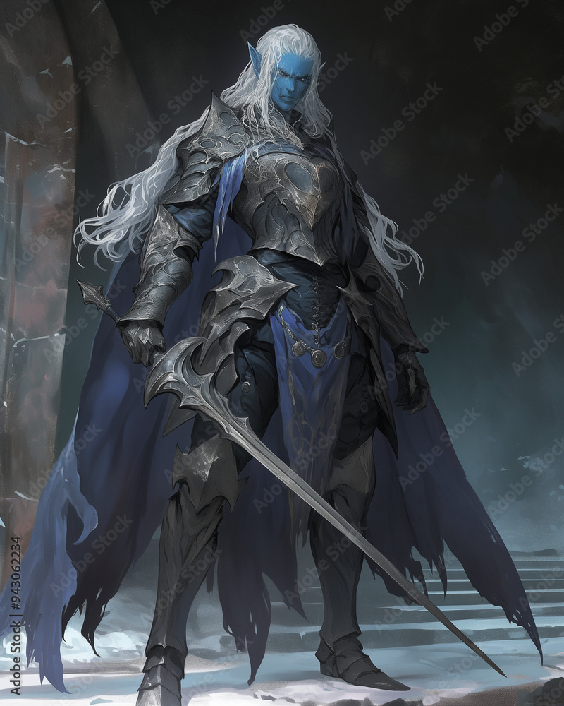 drow warrior with long white hair standing in full armor, gripping a sword in a dark and mystical setting drow warrior with long white hair standing in full armor, gripping a sword in a dark and mystical setting