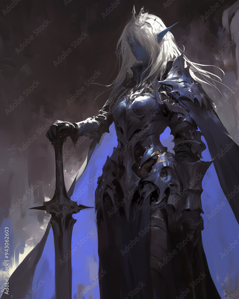 Obraz premium drow warrior in dark armor with a towering stance holding a massive sword in a shadowy environment