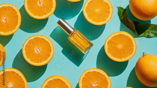 Wallpaper Mural A vibrant arrangement of orange halves and a perfume bottle, evoking freshness and citrus scents. Torontodigital.ca