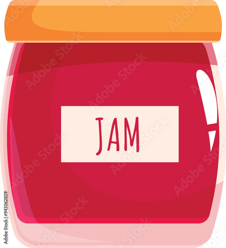 Glass jar full of delicious strawberry jam, with an orange lid and a label saying jam