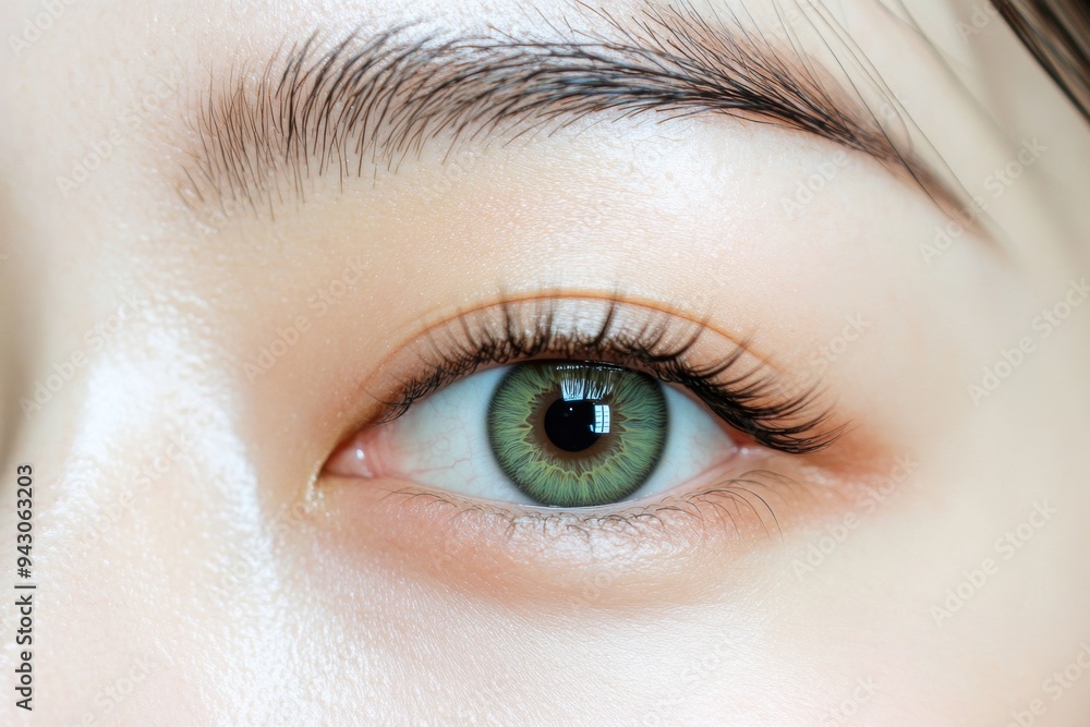 Fototapeta premium Close-up detail of beautiful green human eye with natural eyelashes