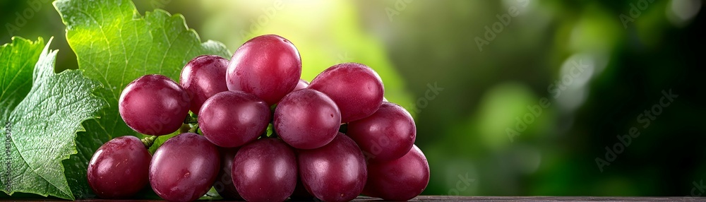 Fresh Red Grapes with Green Leaf on Wooden Surface Fresh Red Grapes with Green Leaf on Wooden Surface