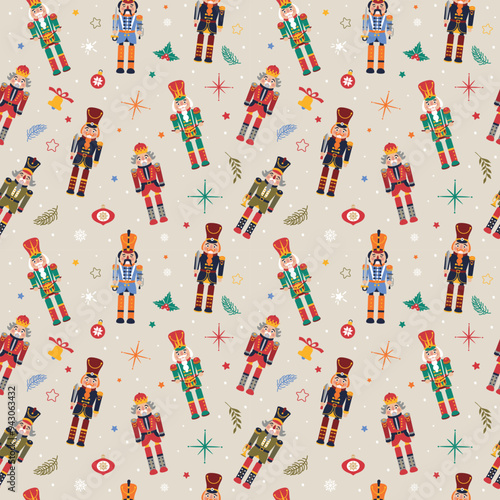 Seamless Christmas Pattern with Nutcrackers in Vector on beige.