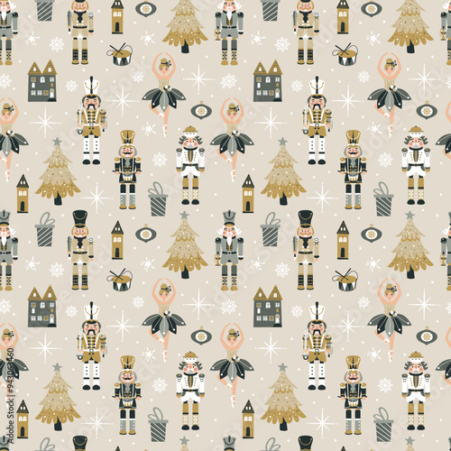 Seamless Christmas Pattern with Nutcrackers ballerina in Vector on beige.