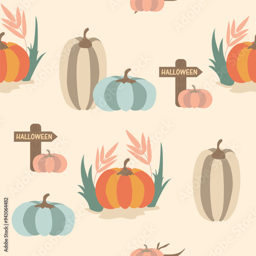 cute halloween pattern with pumpkins, leaves, autumn seamless textile print, harvest festival