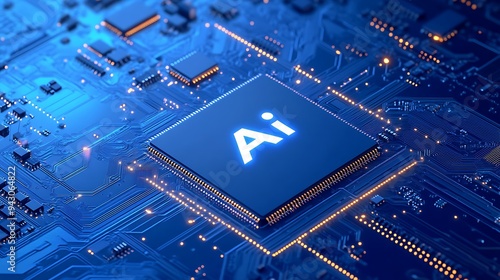 Close-up of a futuristic AI microchip glowing on a motherboard, representing advanced artificial intelligence and technology. photo