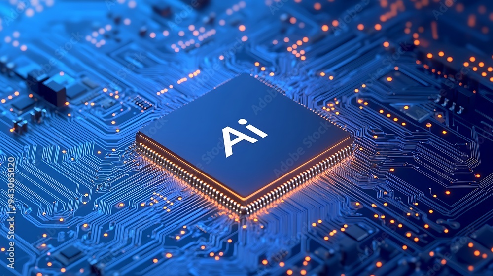 Close-up of AI microchip on blue circuit board. Symbolizing artificial intelligence, technology, and advanced computer hardware. Close-up of AI microchip on blue circuit board. Symbolizing artificial intelligence, technology, and advanced computer hardware.