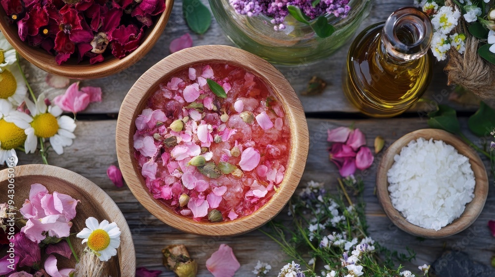 A serene arrangement of natural ingredients for a relaxing spa treatment, featuring floral petals, oils, and herbs. A serene arrangement of natural ingredients for a relaxing spa treatment, featuring floral petals, oils, and herbs.