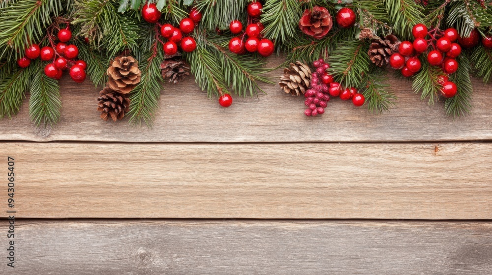Festive Christmas border with pine branches berries on wooden background Festive Christmas border with pine branches berries on wooden background