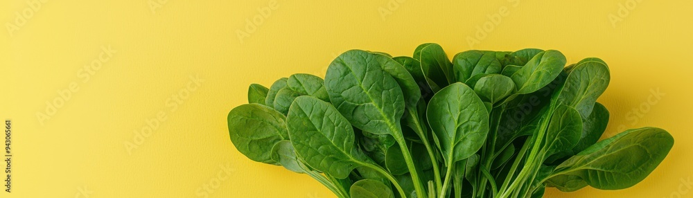Fresh spinach leaves arranged on a vibrant yellow background, showcasing their rich green color and healthy appeal. Fresh spinach leaves arranged on a vibrant yellow background, showcasing their rich green color and healthy appeal.