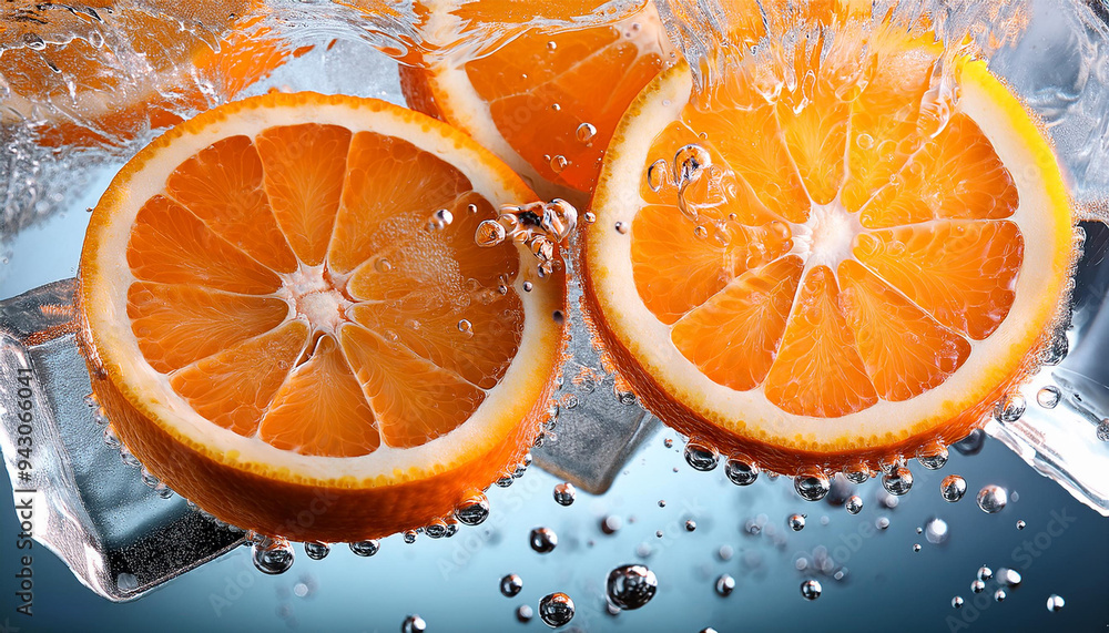 orange slices in fresh water, with bubbles and ice cubes orange slices in fresh water, with bubbles and ice cubes