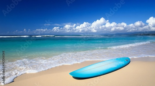 A serene beach scene featuring a blue surfboard on the sand with clear turquoise waters and a bright sky.