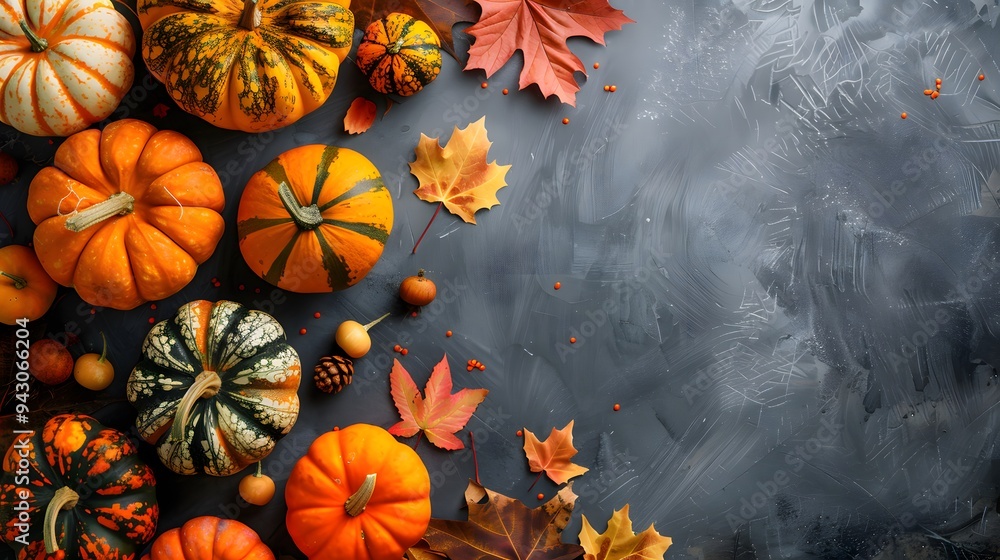 A harvest or Thanksgiving background showcasing pumpkins, fall leaves, and flowers arranged on a wooden table, presented in a flat lay composition with top view and copy space. A harvest or Thanksgiving background showcasing pumpkins, fall leaves, and flowers arranged on a wooden table, presented in a flat lay composition with top view and copy space.
