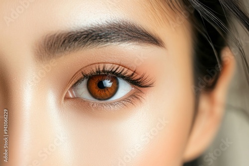 Stunning close-up of woman's brown eye with long lashes