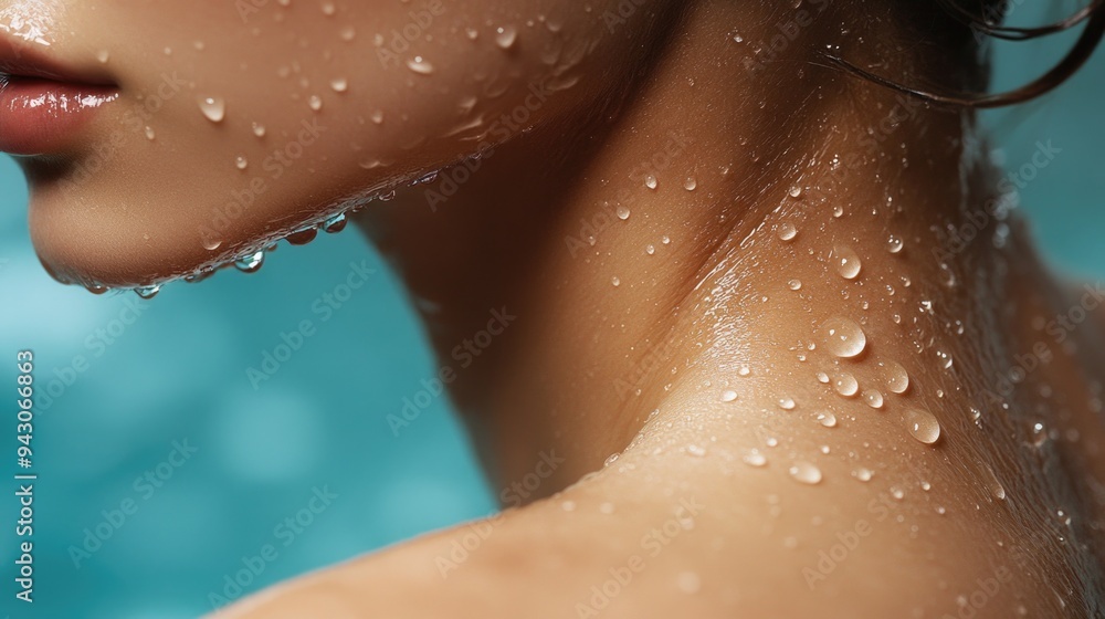 Fototapeta premium Woman, shoulder and shower with water for hygiene, droplets or wash on a pink studio background. Close up of female person or young model with natural liquid in skincare, hydration or cleanliness