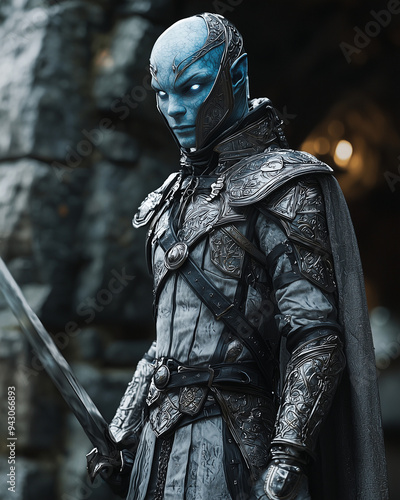 drow warrior in intricate dark armor holding a sword, set against a backdrop of ancient stone, with a determined expression and glowing eyes, fantasy concept