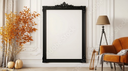 Halloween-Themed Frame Mockup: Black and Gold on White Canvas, Displayed in a Luxurious Living Room photo