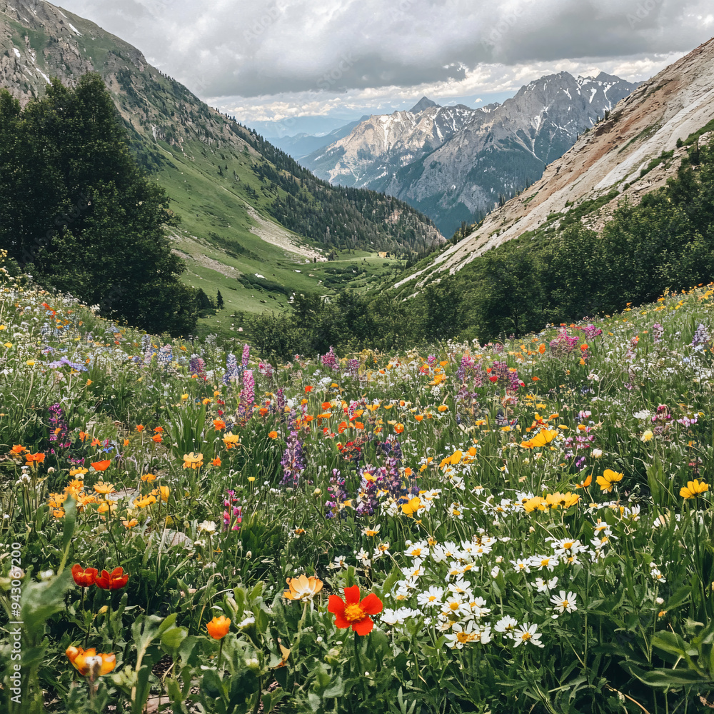 Fototapeta premium A mountain valley covered in wildflowers during spring.