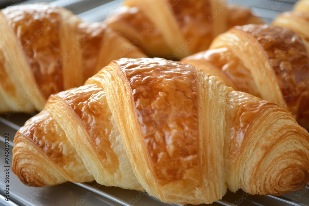 Golden freshly baked croissants on tray Golden freshly baked croissants on tray