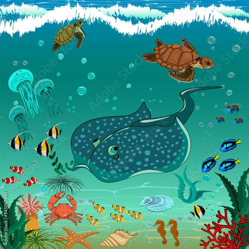 Electric stingray and turtles.Vector color illustration with turtles, electric stingray and fish underwater.