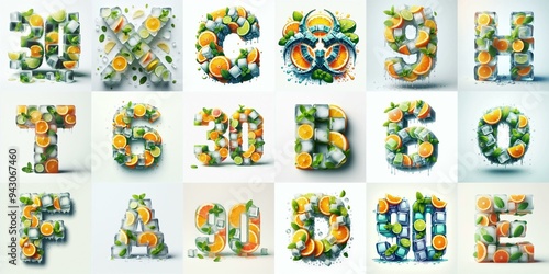 Ice cubes and mints and citrus Lettering Typeface. AI generated illustration