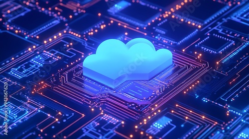 Futuristic digital cloud technology concept with glowing circuits and data network connections, representing cloud computing and data storage.