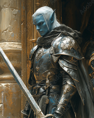 vigilant drow knight with white hair in ornate armor, standing guard near a golden pillar, holding a gleaming sword, ready for battle in a fantasy world