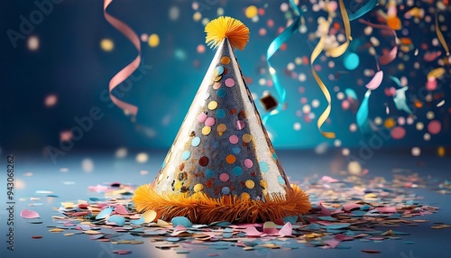 Party Hat with Colorful Confetti. party hat and confetti. photo