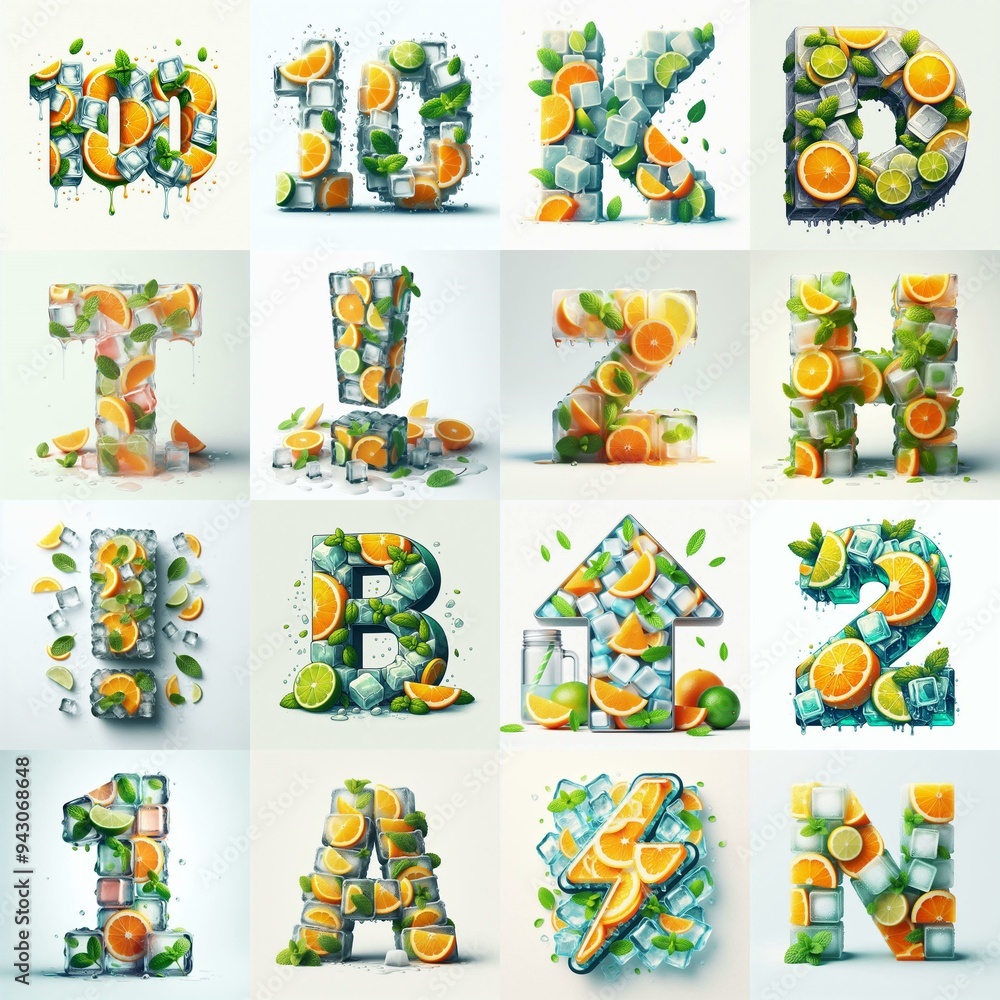 Fototapeta premium Ice cubes and mints and citrus Lettering Typeface. AI generated illustration