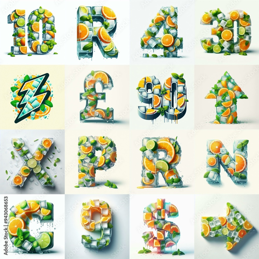 Fototapeta premium Ice cubes and mints and citrus Lettering Typeface. AI generated illustration