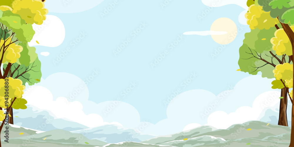 Spring Landscape Green Trees,Mountain,Sun,Blue Sky and Clouds Background,Horizon Peaceful Rural Nature in Sunny Day Summer,Cartoon Vector illustration for Easter Spring Landscape Green Trees,Mountain,Sun,Blue Sky and Clouds Background,Horizon Peaceful Rural Nature in Sunny Day Summer,Cartoon Vector illustration for Easter