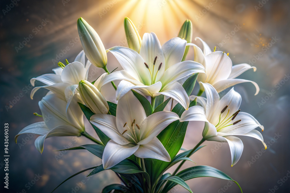 Fototapeta premium White lilies bouquet with soft lighting and dreamy background, copy space